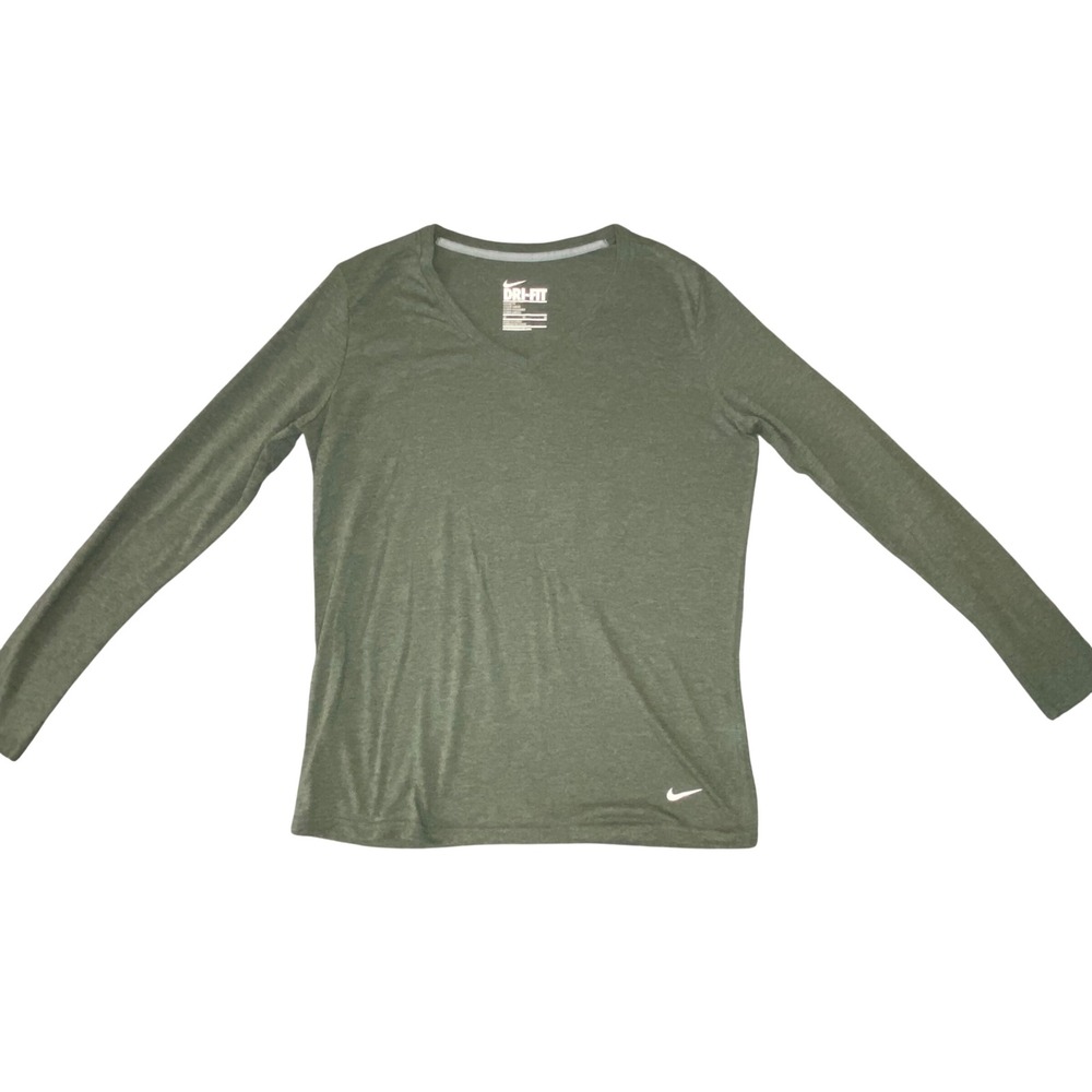 Nike Dri-FIT Women M Green Long Sleeve V-Neck Training Shirt Loose Fit Heathered